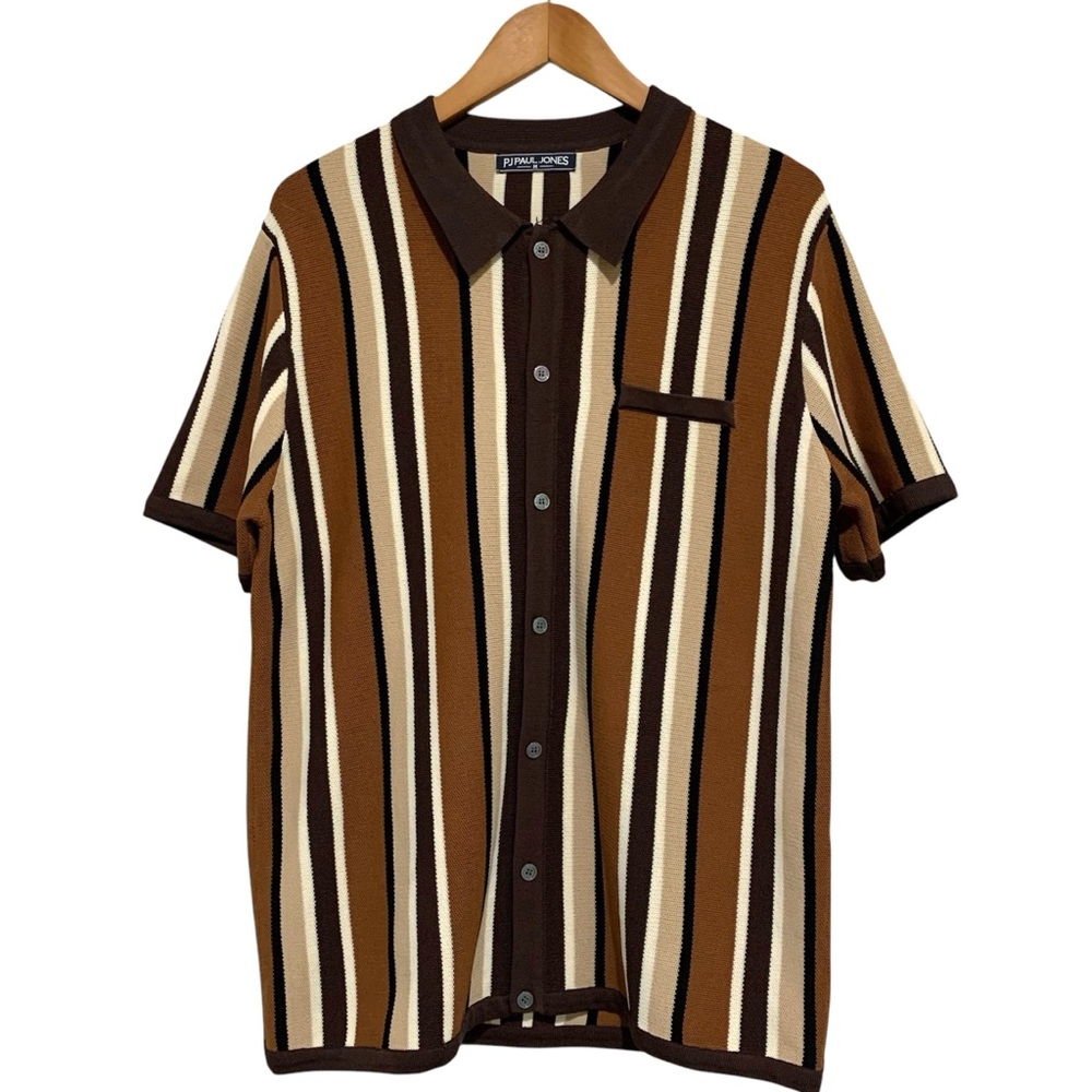 PJ Paul Jones Men's Retro Knit Polo Striped Button Up Shirt Brown Size Medium - Picture 3 of 7